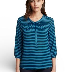 LOFT Teal & Navy Striped Half Button Sheer Blouse